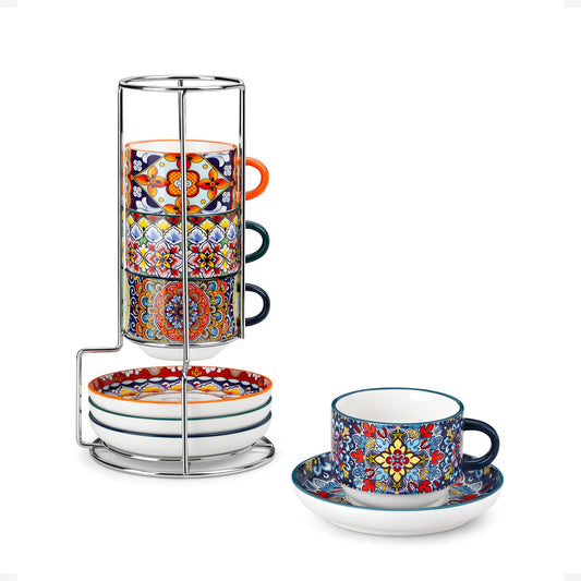 vancasso 2.5 Oz Stackable Espresso Cup Set of 4, Ceramic with Saucers