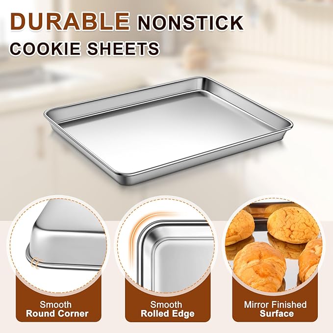 Commercial Quality Stainless Steel Baking Sheet, Bakeware Nonstick Quarter Sheet Pan, Warp Resistant Cookie Sheets for Baking, Baking Sheet Pan Oven Tray, Heavy Duty & Dishwasher Safe (9" x 13" x 1")