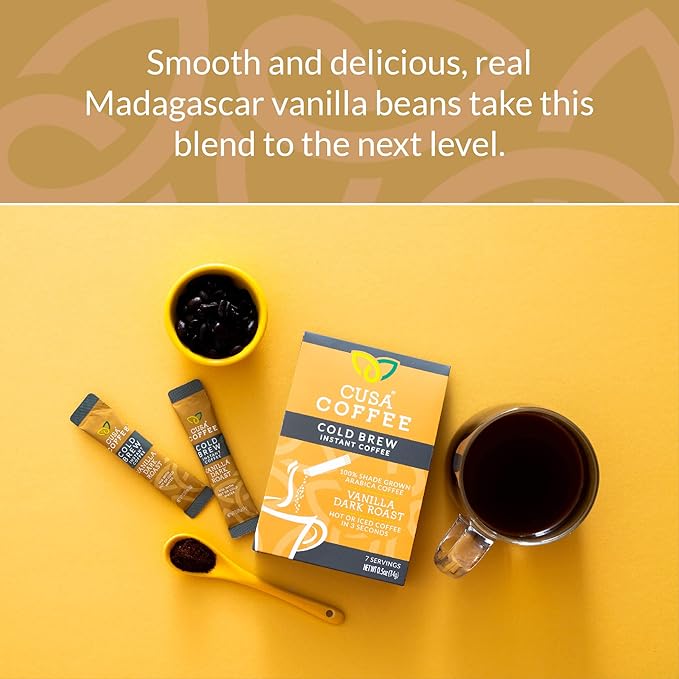Cusa Tea & Coffee | Premium Instant Vanilla Dark Roast | Rainforest Alliance Certified Arabica Beans | Hot or Cold Brew Drink Mix Packets (30 Single Servings)