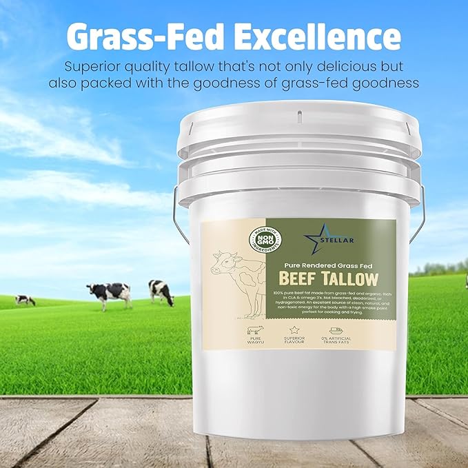 Stellar - Beef Tallow - 100% Grass-Fed & Finished - Good for Cooking, Baking and Frying - Food Grade - 15 LBS