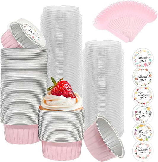 100 Pack Aluminum Foil Cuapcake Baking Cups w Lids Spoons and Stickers for Witch Pink Birthday Party, 5oz Mini Cake Pans Disposable Ramekins Muffin Cups Holder Cheesecake Containers for Wedding
