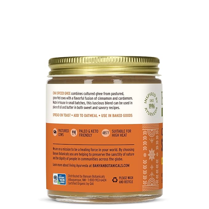 Banyan Botanicals Chai Spiced Ghee ??Cultured Organic Ghee (Clarified Butter) with Cinnamon & Cardamom ??Tasty Oil & Butter Alternative for Cooking & Baking ??5.65 oz ??Non-GMO Gluten Free Vegetarian