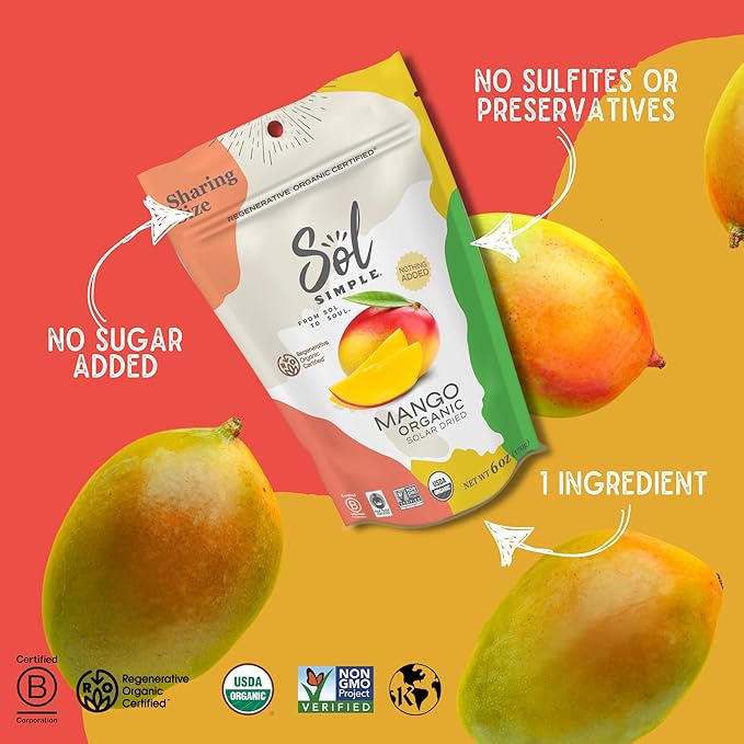 SOL SIMPLE Organic Dried Mango | 6oz Snack Pack (2 Bags Total) | One Ingredient | Vegan | Non-GMO | No Added Sugar | Fair Trade | Dried Fruit | Mango
