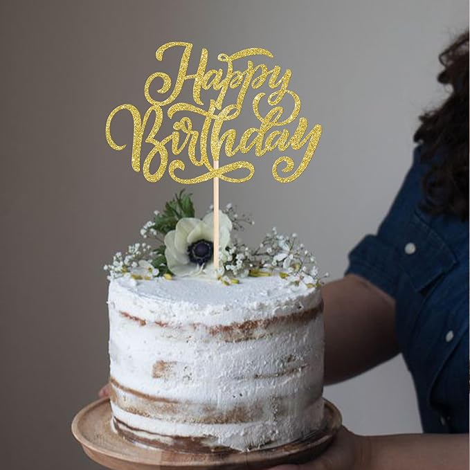 Rsstarxi 1 Pack Golden Glitter Happy Birthday Cake Topper Birthday Cake Pick Men Women Birthday Cake Decorations for Happy Birthday Theme Anniversary Party Cake Decorations