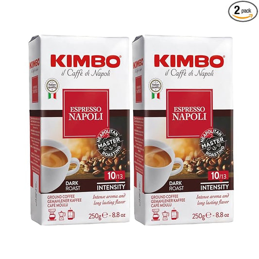 Kimbo Espresso Napoli Ground Coffee | Dark Roast | Intense Aroma & Long Lasting Flavor | 10/13 Intensity | 8.8 oz (250g) Brick