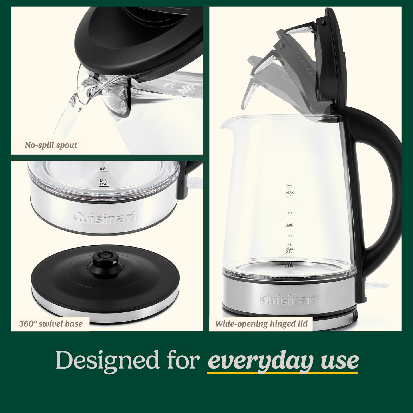 Cuisinart 1.5L Glass Kettle, Illumination, BPA-Free, Easy-Pour Nondrip Spout, Hinged Lid Opening