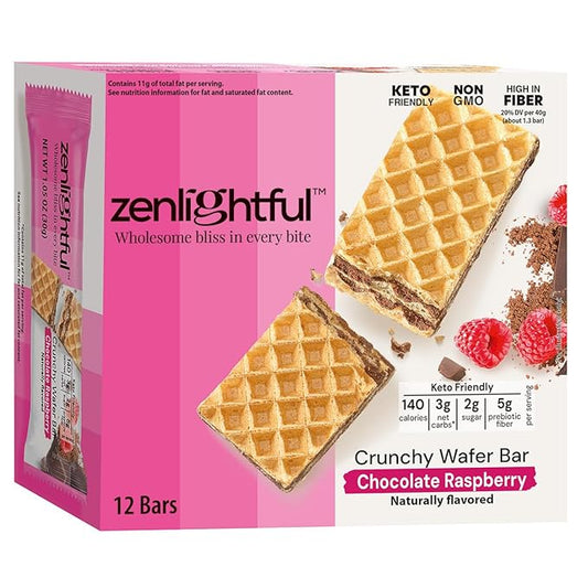 Zenlightful Chocolate Raspberry Wafer Cookies, Low Carb, Low Sugar, Keto Friendly Healthy Snacks, Only 140 Calories, Real Fruit, High Fiber, 12 Count