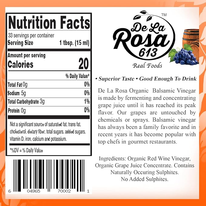 De La Rosa Organic Balsamic Vinegar, Kosher for Passover, Vegan & Gluten Free, Balsamic Vinegar Dressing for Salads and Marinades, 16.9 oz (Pack of 1)