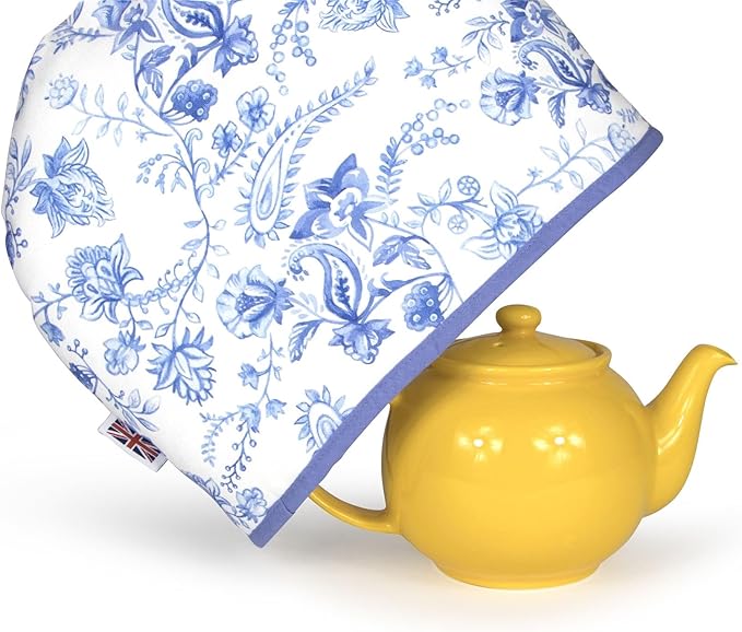 Muldale Large Tea Cozy for Teapot British - 100% Cotton Extra Thick Wadding Tea Pot Cover Designed in England - Insulated Teapot Cozy for English Tea Sets - Vintage Blue Floral