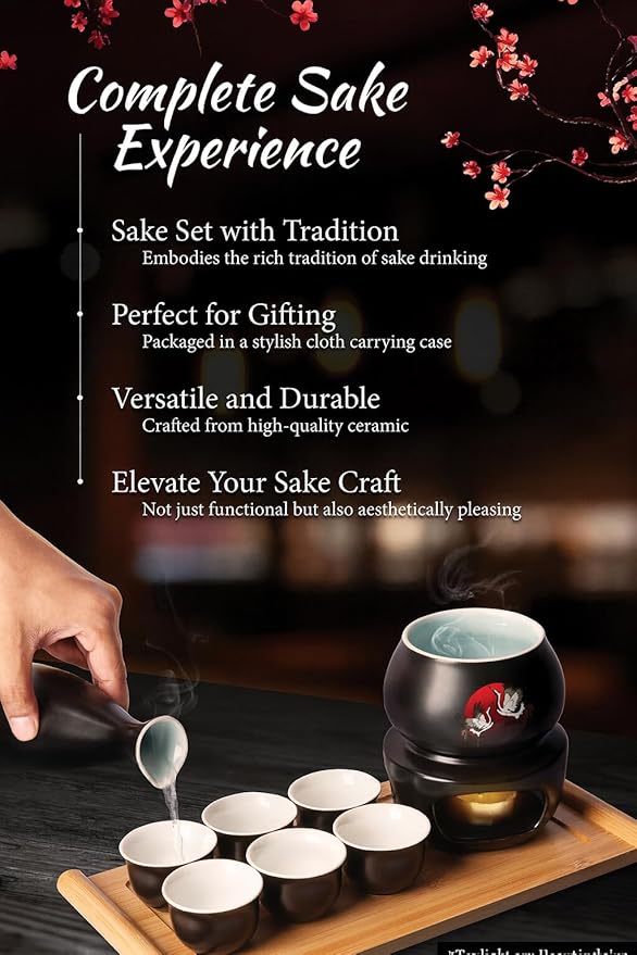 Japanese Sake Cup Set with 6 Ceramic Cups, 1 Ceramic Sake Bottle, 1 Ceramic Sake Warmer, Bamboo Tray, and Cloth Carrying Case - Perfect Hot Sake Set for Authentic Japanese Experience (Black/White)