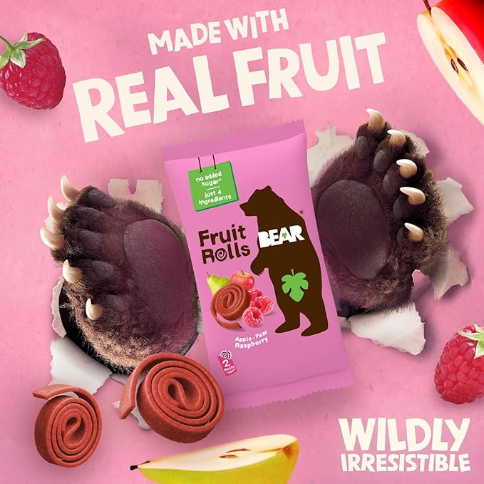 BEAR Real Fruit Snack Rolls - Gluten Free, Vegan, and Non-GMO - Raspberry ??36 Rolls, Healthy School And Lunch Snacks For Kids And Adults, 0.7 Ounce (Pack of 18)