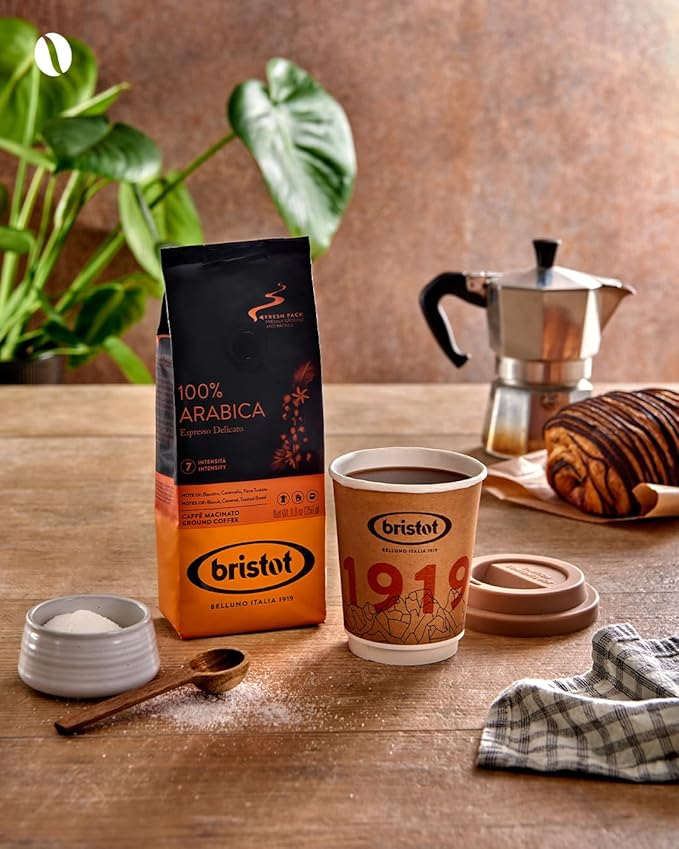Bristot 100% Arabica Ground Coffee ??Italian Espresso Delicato ??Medium Roast ??Ground Coffee for Moka Pot, French Press & Pour Over ??8.8oz (250g)