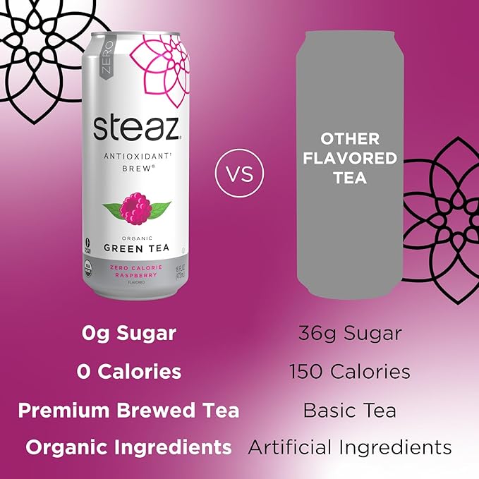 Steaz - Organic Green Tea - Zero Calorie Raspberry (12 Pack) - Antioxidant Brew - 65mg Natural Caffeine, Vitamin C - Stevia Sweetened Iced Tea - Vegan, Fair Trade - 12 Cans, 16 fl oz (473mL)