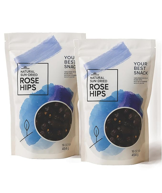 Arashan Whole Dried Rose hips 1 Pound - 100% Natural & Raw with No Additives. Perfect ingridient for Herbal Teas, Jam, Syrup, Bread. Nutritious Snack with Vitamins C,A,B,E (Pack of 2)
