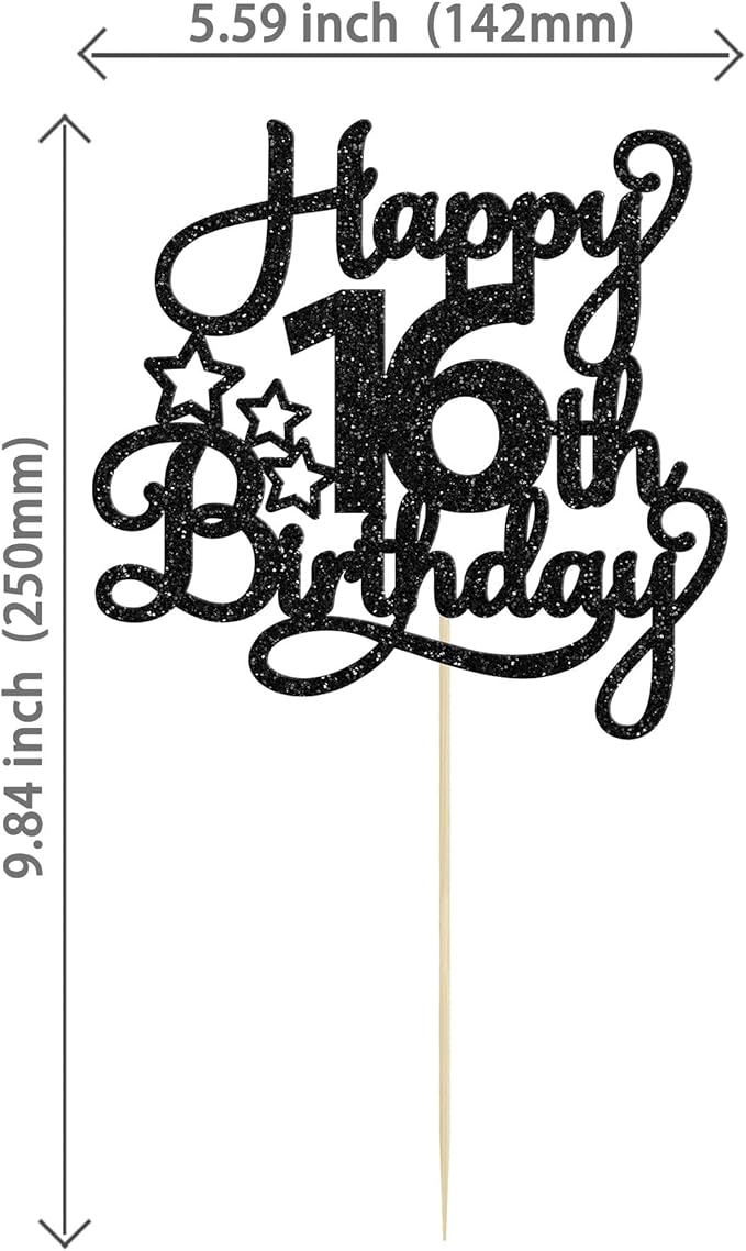 1 Pack Happy 16th Birthday Cake Topper Glitter Sweet 16 Cake Pick Decorations for Children Theme Party Supplies Black