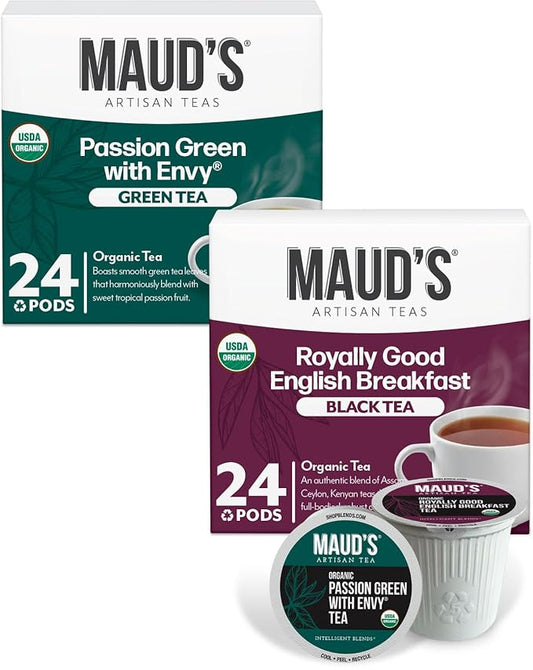 Maud's Organic Passion Green Tea & Organic English Breakfast Black Tea Bundle, 48 ct, Recyclable Single Serve Pods ??100% Gourmet Blended Tea Leaves, Compatible with Keurig K Cups Maker