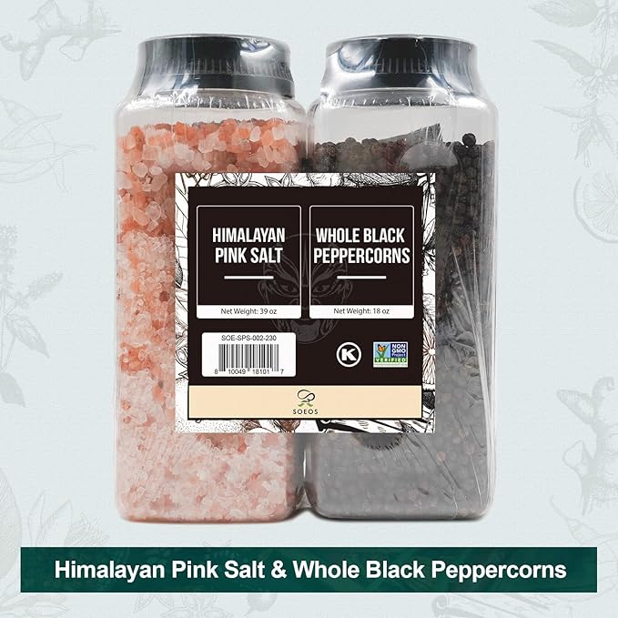 Soeos Himalayan Pink Salt 39 oz + Whole Black Peppercorns 18 oz, Coarse Grain, Kosher Salt for Grinder Refill, Salt and Pepper Grinder, Non-GMO Verified, Spice Seasoning Set for Cooking