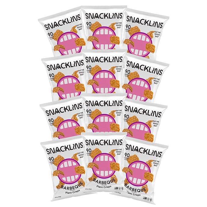 SNACKLINS Plant Based Crisps BARBEQUE - Only 90 Calories Per Bag, Gluten Free, Grain Free, 100% Kosher For Passover, Vegan Healthy Snacks, Crunchy Puffed Snack - .9oz Bag (Case of 12)
