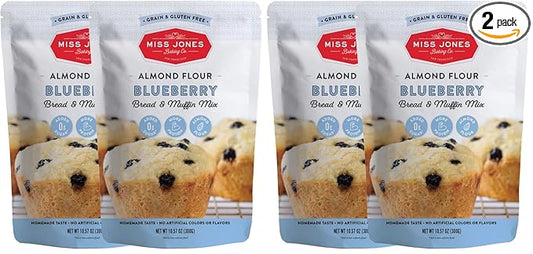 Miss Jones Baking Blueberry Muffin Mix - Almond Flour, Gluten Free, Low Carb, No Sugar Added, Naturally Sweetened Desserts & Treats - Keto, Diabetic, Atkins, WW, and Paleo Friendly (Pack of 4)
