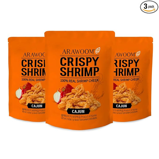 ARAWOOM - 100% Real Black Tiger Shrimp Head Crisps, Cajun Pack [2oz, Pack of 3], Crispy Seafood Snack, High-Protein Crunch, Crunchy On-the-Go Treat