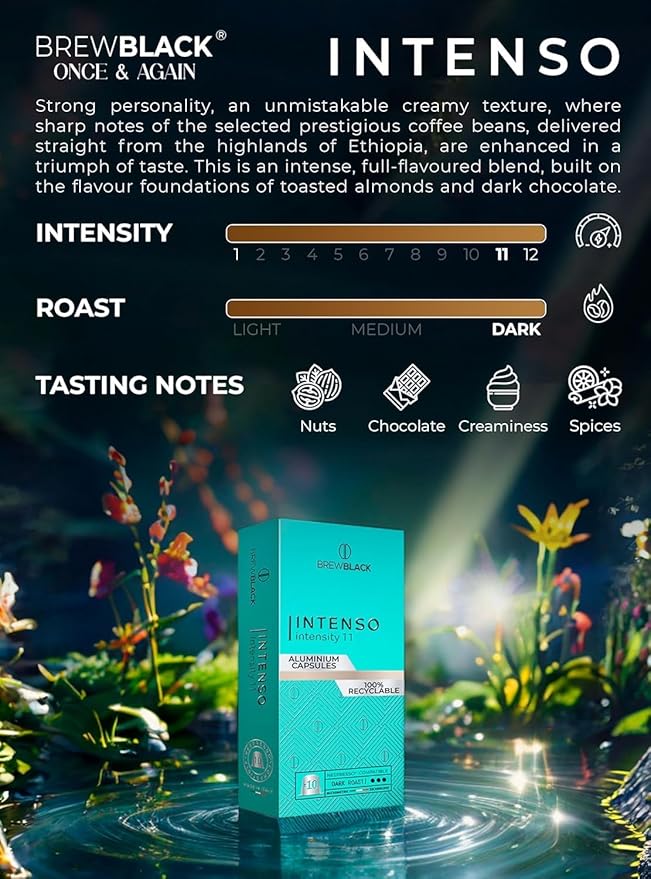 BrewBlack Intenso Coffee Capsules - 50 Aluminum Coffee Pods Compatible with Nespresso Original line, Dark Roast - Intensity 11/12, Made in Italy