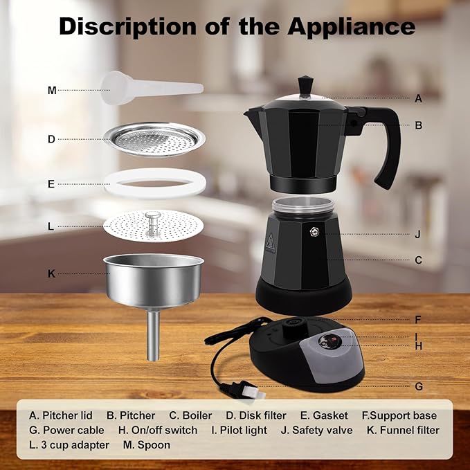 Electric Aluminum Moka Pot 5-6 Cup 270ml Espresso Maker with Detachable Base Ideal Coffee Makers for Home MochaPot Italian and Cuban Cafì±?Coffeemaker Espressomaker CoffeePot Black