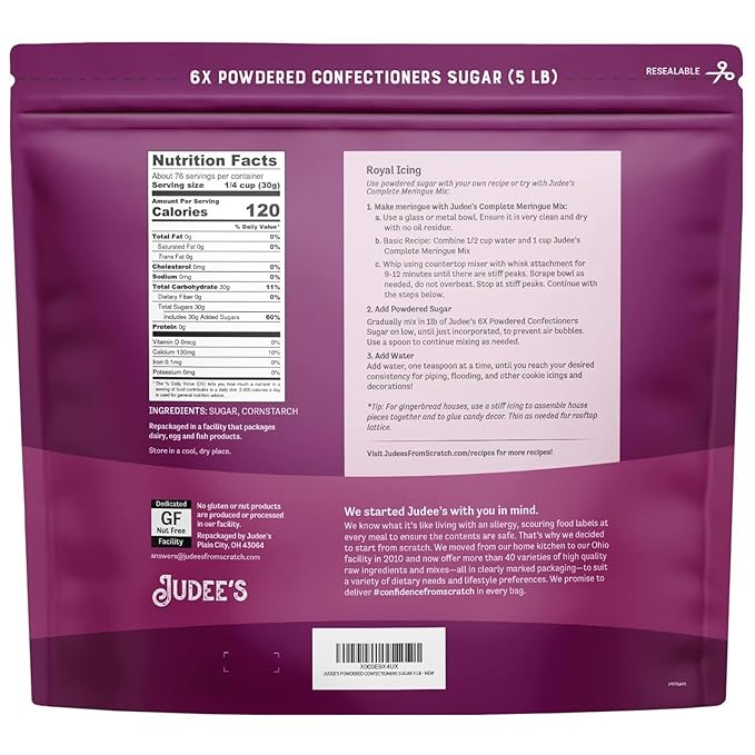 Judee?™s 6X Powdered Confectioners Sugar 5 lb - 100% Non-GMO, Gluten-Free, and Nut-Free - 6X Size Perfect for Icing, Frosting, and Dusting Baked Goods