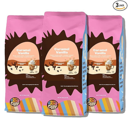 Crazy Cups Flavored Ground Coffee, Caramel Vanilla, For Brewing Flavored Hot or Iced Coffee, 3 Pack