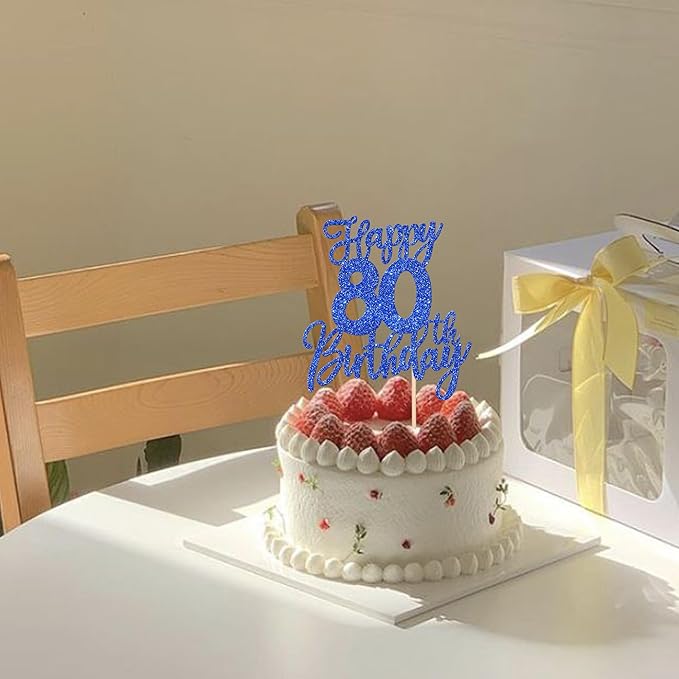 1 PCS Happy 80th Birthday Cake Topper Glitter Cheers to 80 Years Birthday Cake Pick Eighty Hello 80 Fabulous Cake Decoration for Happy 80th Birthday Anniversary Party Decorations Supplies Blue