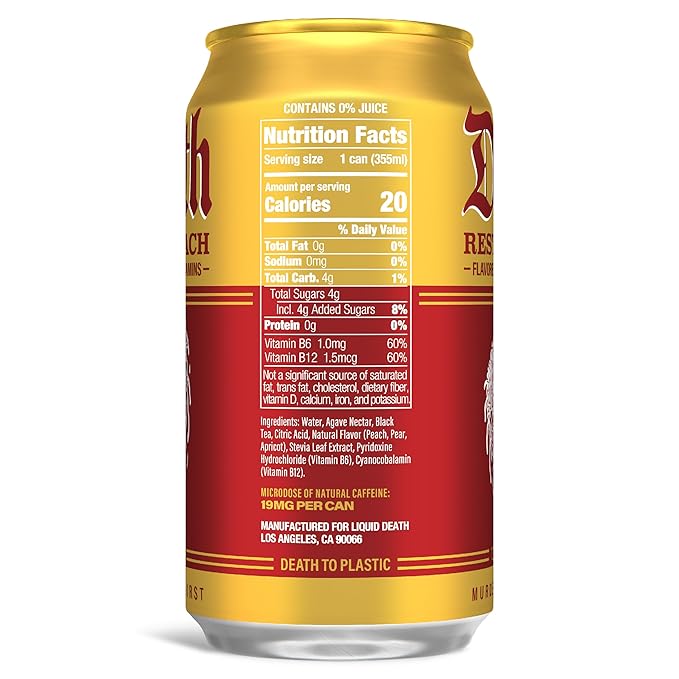 Liquid Death, Rest in Peach Iced Tea, 12-Pack (12 oz Cans), Peach Flavored Back Tea, Low Calorie, No Artificial Sweeteners, B12 & B6 Vitamins