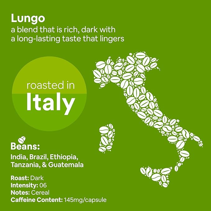 WOKEN COFFEE Compostable Nespresso Pods - Lungo Medium Roast Italian Espresso Coffee Capsules Compatible With Nespresso Coffee Machine (100 Pod Count, 10 Boxes)