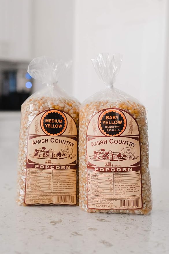 Amish Country Popcorn | 2 Lb Baby Yellow & 2 Lb Medium Yellow Kernels | Old Fashioned, Non-GMO and Gluten Free