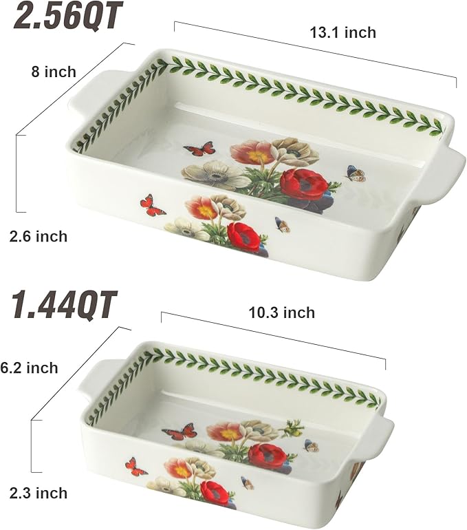 Ceramic Baking Casserole Dish with Handles, Large 8x13 inch & 6x10 inch Pan and Middle Baking Pan - Porcelain Serving Bakeware Set (Papaver rhoeas)