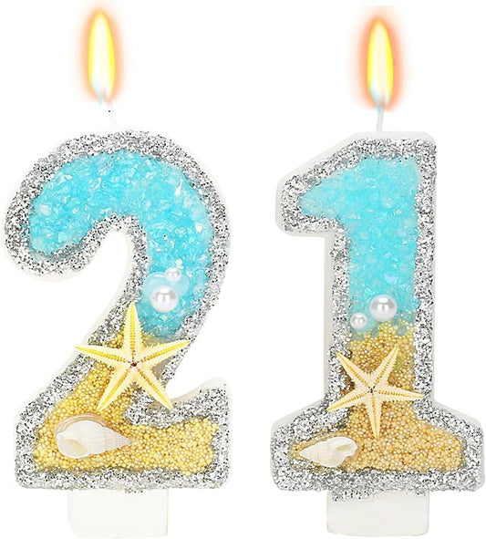 Birthday Candle for Cake, Beach Starfish Sequins Candles, 2.76 inch Cake Topper Decoration for Birthday Party (Number 21)