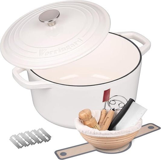 Enameled Cast Iron Dutch Oven Pot with Lid, for Bread Baking, Round Bread Oven- include Sourdough Bread Baking Supplies Set, 6QT, White