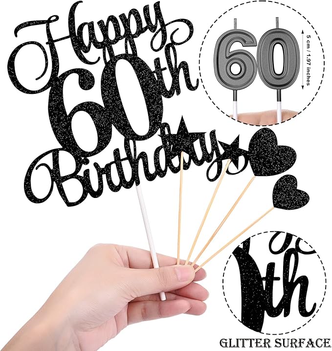 60th Birthday Cake Decorations Set Include 60th Birthday Candles Numeral 60 Cake Candles and Happy 60th Birthday Cake Toppers with Heart Star Cupcake Picks for Birthday Party (Black Series)