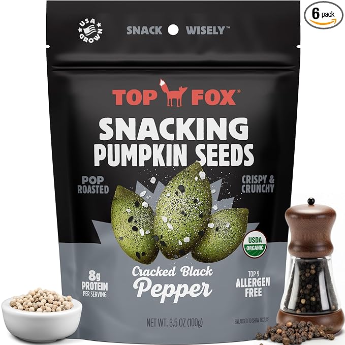 Top Fox Snacks - Organic Pop-Roasted Pumpkin Seeds | Healthy Protein Snacks - Gluten Free - Keto and Vegan Friendly (Salt & Pepper, 3.5 oz - 2 Pack)