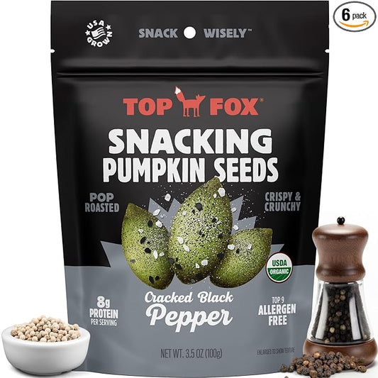 Top Fox Snacks - Organic Pop-Roasted Pumpkin Seeds | Healthy Protein Snacks - Gluten Free - Keto and Vegan Friendly (Salt & Pepper, 3.5 oz - 2 Pack)