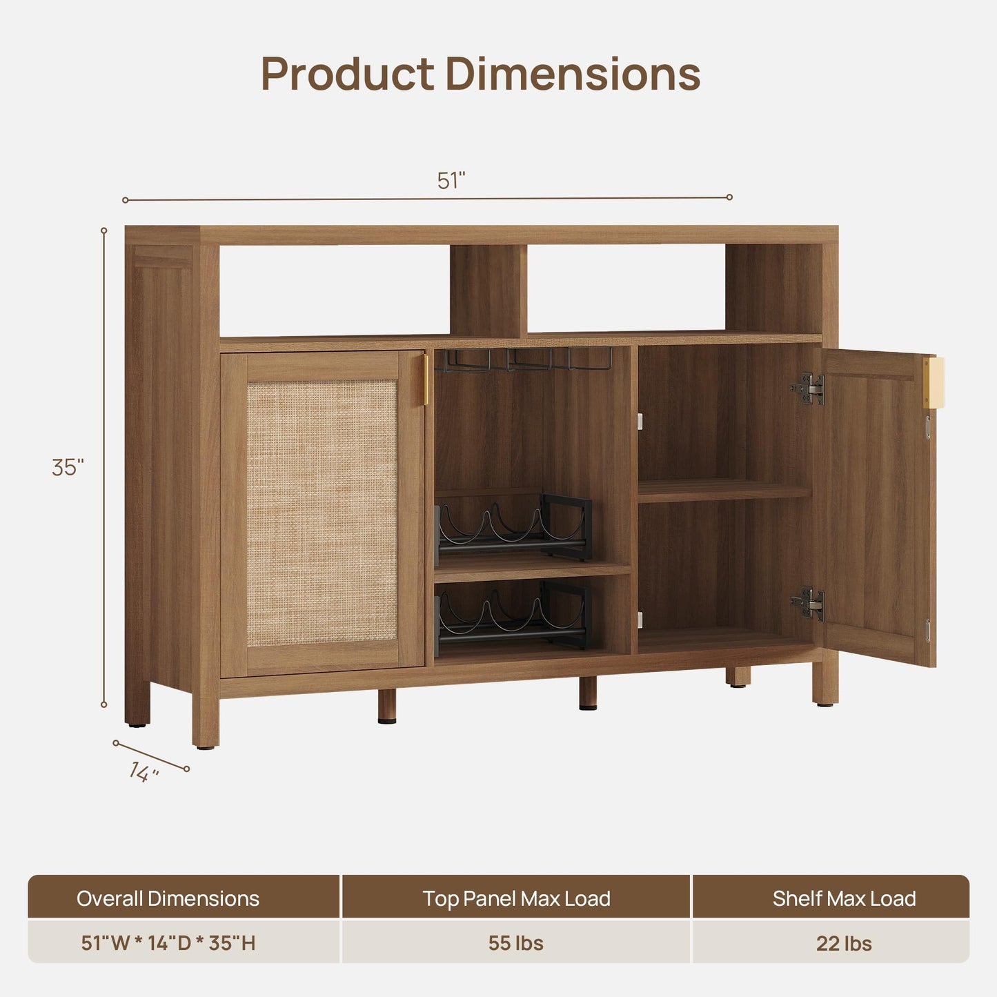 SICOTAS 51" Coffee Bar Cabinet with Storage, Rattan Bar Cart Liquor Cabinet