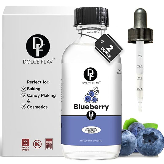 Dolce Flav Blueberry Extract ??2 Ounce Oil-Soluble Kosher, Sugar-Free, Concentrated Ripe Blueberry Flavoring for Baking, Chocolates & Desserts, Includes Measured Dropper