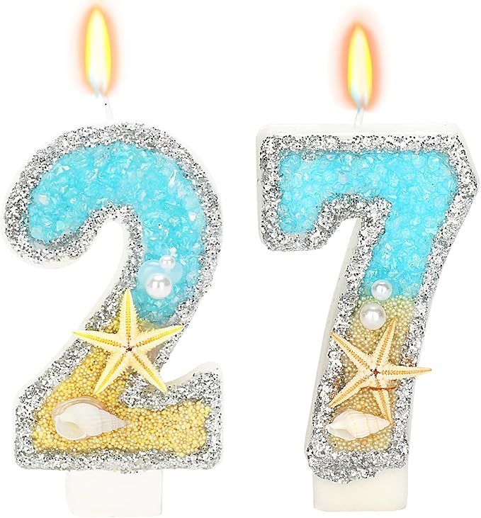 Birthday Candle for Cake, Beach Starfish Sequins Candles, 2.76 inch Cake Topper Decoration for Birthday Party (Number 27)