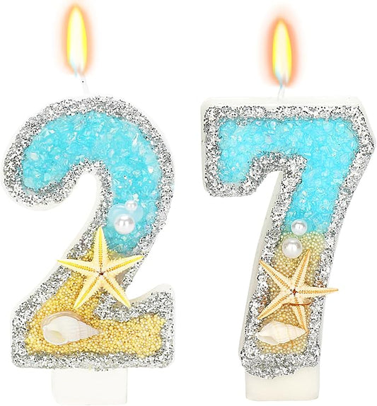 Birthday Candle for Cake, Beach Starfish Sequins Candles, 2.76 inch Cake Topper Decoration for Birthday Party (Number 27)