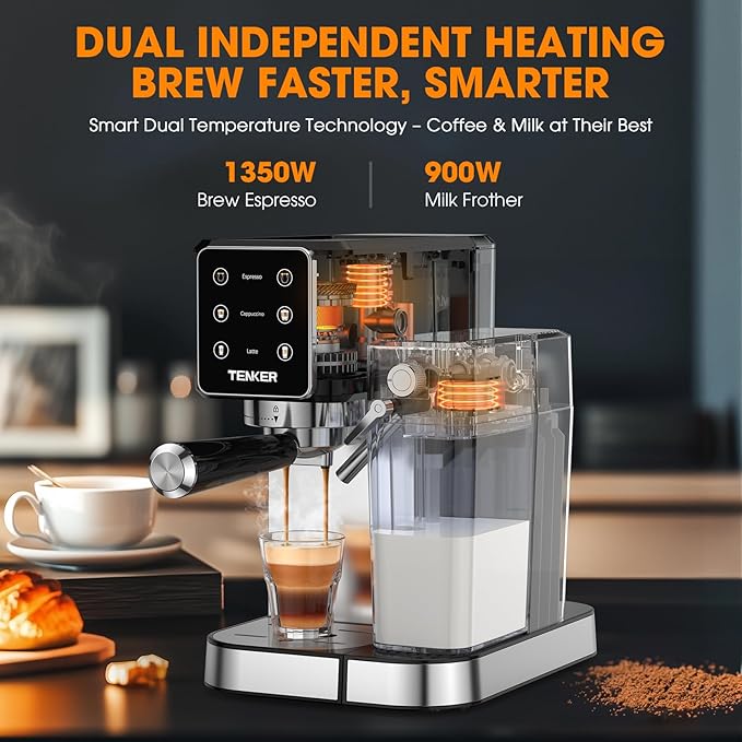 TENKER Espresso Machine, 20 Bar Cappuccino Machine with Automatic Milk Frother, 3-in-1 Coffee Machine, 1350W Dual Boiler Latte Maker, Touchscreen Espresso Coffee Maker, Stainless Steel