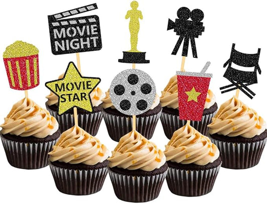 Theater Cupcake Toppers Cake Decoration for Birthday Movie Night Party Supplies Food Pick - Set of 24