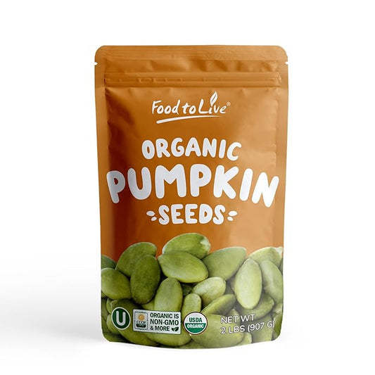 Food to Live Organic Dry Roasted Pumpkin Seed Kernels with Himalayan Salt, 2 Pounds Non-GMO, Oven Roasted Whole Pepitas, No Oil Added, Shelled, Vegan, Kosher, Bulk