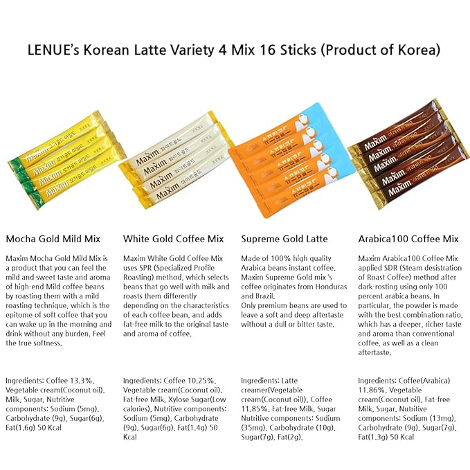 Korean Latte - Korean 3 in 1 Instant Coffee Variety Sample Packets with Gift Box Set, Maxim Supreme Gold Maxim instant Coffee 4 Mix Combination 18 Sticks