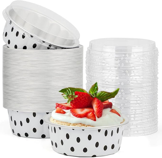 Beasea Disposable Ramekins with Lids, 8oz 50 Pack Black Dot in White Aluminum Foil Cups Disposable Creme Brulee Muffin Cupcake Baking Cup Mini Pudding Cups for Party Wedding Birthday