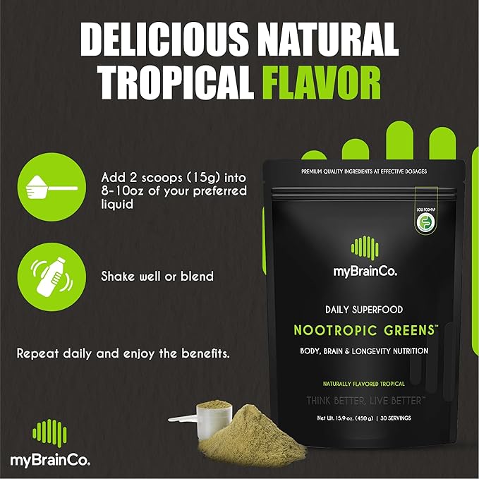 Nootropic Greens - Premium All-in-One Body, Brain & Longevity Optimization Nutrition. Organic Greens & Superfoods, Alpha-GPC, L-Theanine, Lion?™s Mane, TMG, NR, NAC & More. (15.9 oz)