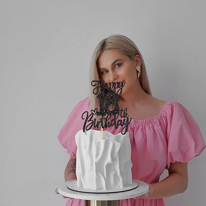 1 PCS Happy 18th Birthday Cake Topper Glitter Cheers to 18 Years Birthday Cake Pick Eighteen Hello 18 Fabulous Cake Decoration for Happy 18th Birthday Anniversary Party Decorations Supplies Black
