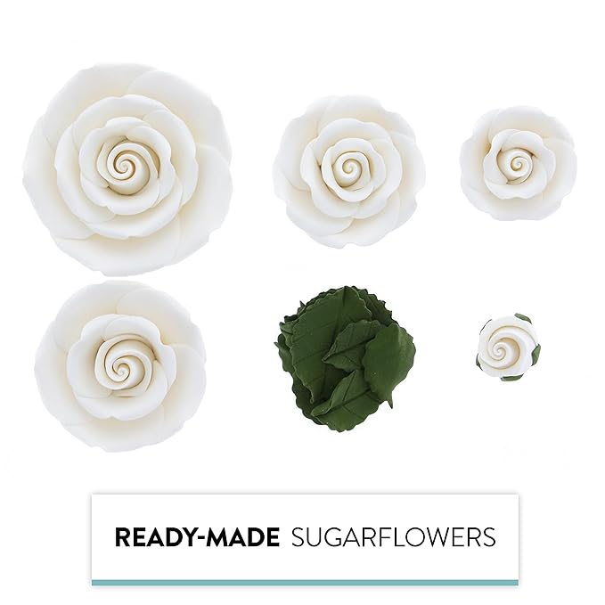 Global Sugar Art Exquisite Rose & Leaf Tray Edible Sugar Cake Flowers, White Unwired, 5 Count by Chef Alan Tetreault